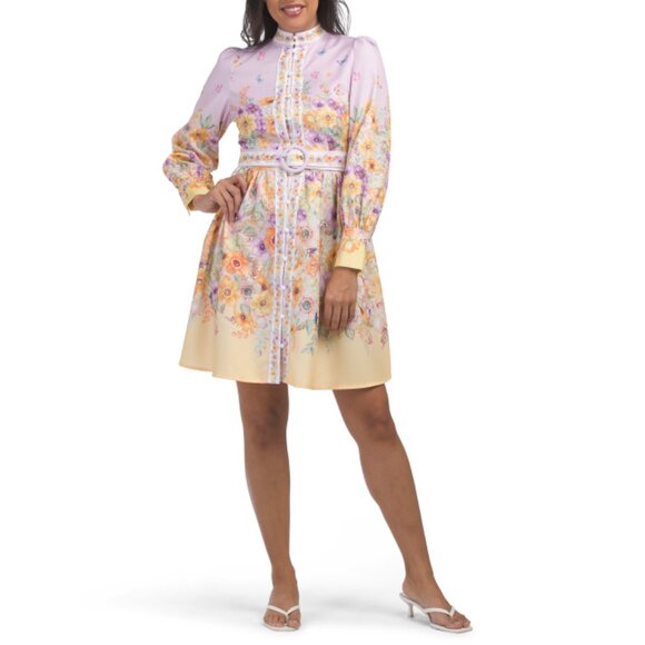 DALIA MACPHEE Yellow/Purple Long Sleeve Floral Mini Dress With Belt